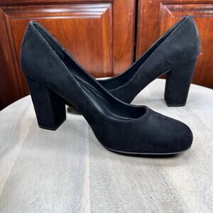 Primark Womens Pumps Size 10 Black Faux Suede Block Heel Almond Toe Shoes